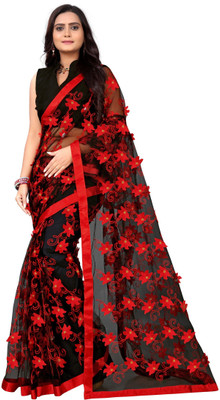 Jufilox Self Design Bollywood Net Saree(Red, Black)
