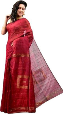 matri textile Solid/Plain Handloom Cotton Blend Saree(Red)