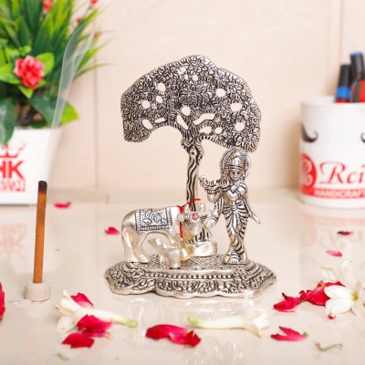 KridayKraft Metal Krishna idol Statue with kamdhenu Cow Standing Under Tree Showpiece Figurine for Pooja Room & Gift,Decorative Religious Statue for Home,Office & Table... Decorative Showpiece  -  17 cm(Metal, Silver)