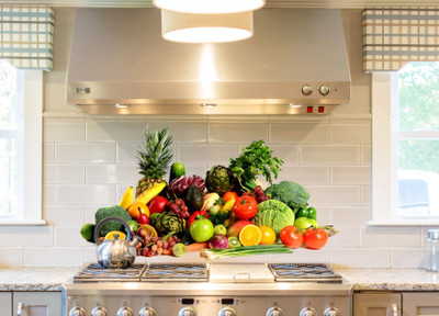 DivineDesigns 33 cm Lots of Fruits and Vegetables Self Adhesive Sticker(Pack of 1)