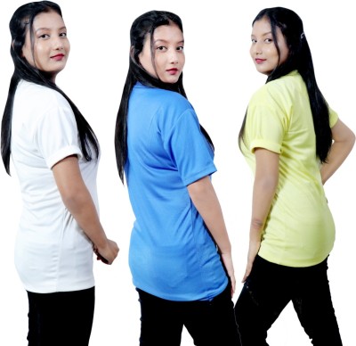 MIRAEXA Solid Women Round Neck White, Blue, Yellow T-Shirt