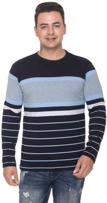 BLACK BLINK Striped Men Round Neck Blue, Black T-Shirt