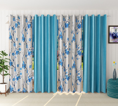 Galaxy Home Decor 153 cm (5 ft) Window Polyester Semi Transparent Curtain (Pack Of 4)(Aqua, Printed)
