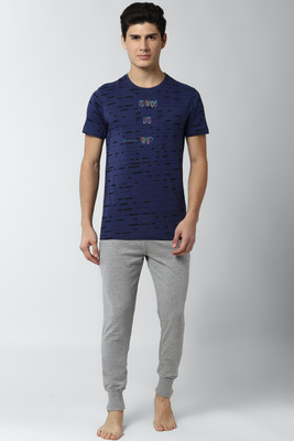 PETER ENGLAND Men Graphic Print Dark Blue Top & Pyjama Set