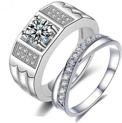 MYKI Love Couples Silver Plated Adjustable Rings Stainless Steel Cubic Zirconia Sterling Silver Plated Ring Set