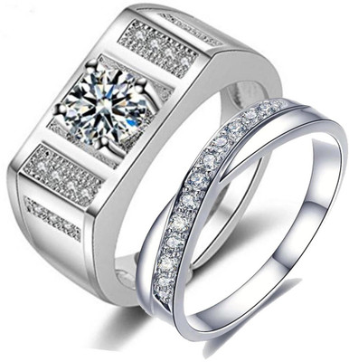 MYKI Love Couples Silver Plated Adjustable Rings Stainless Steel Cubic Zirconia Silver Plated Ring Set