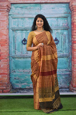 Sanganeri Print Printed, Color Block, Blocked Printed, Floral Print, Dyed Daily Wear Pure Cotton Saree(Yellow)