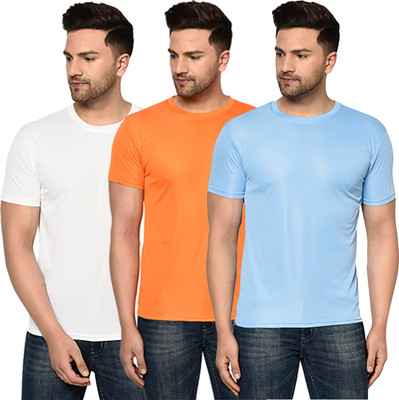FabryKa Solid Men Round Neck Light Blue, Orange, White T-Shirt