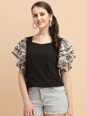 DL Fashion Casual Short Sleeve Printed Women Black Top