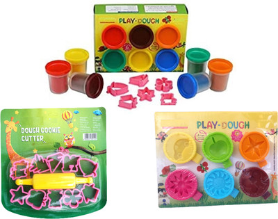 Upyukat 1 Set of Play Dough of 6 Colours of 50 gram each with 5 Moulding Tools + 1 Set of Play Dough / Modeling Clay 6 Colours of 30 gram each with 1 pc of pressure roller and 1 pc of cutting knife + 1 Set of of 10 Pcs Smart Dough Tools: 1 Pcs Pressure Roller Kit with Molds (Trees and Animals)