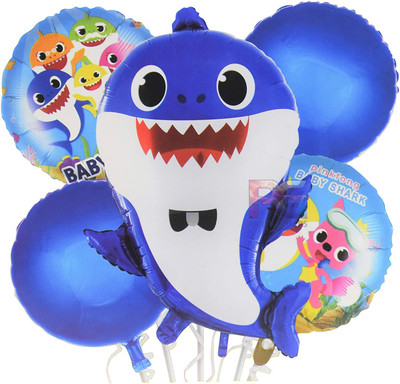 PARTY GLITERS Printed Baby Shark Cartoon Theme Foil Balloons 5 Pcs Set for Birthday, Parties, Celebrations Decorations Magic Balloon(Blue, Pack of 5)