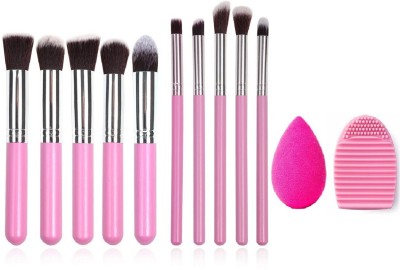 Phiz Beauty 10 Piece Pink Makeup Brush With Sponge Blunder & Brushegg Brush Cleaner(Pack of 12)