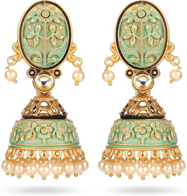 KK CRAFT Gold Tone Green Enameled Kundan Pearl Dangler Earrings for Women & Girls Pearl Stone Drops & Danglers