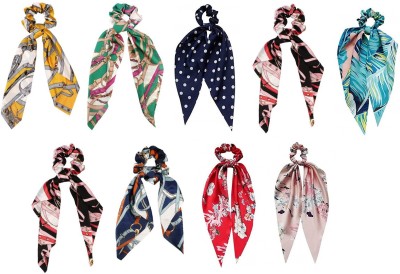 De-Ultimate (Set Of 9 Pcs) Multicolor Solid Fabric Korean Style Hair Scrunchy/Scrunchies Detachable Bowknot Satin Bohemian Chiffon Long Tail Elastics Ribbon Ear Bow Pattern Scarf Vintage Ponytail Holder Ties Ropes Hair Bands/Head Band For Women's And Girl's Rubber Band(Multicolor)