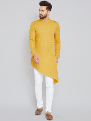 See Designs Men Solid Asymmetric Kurta(Yellow)