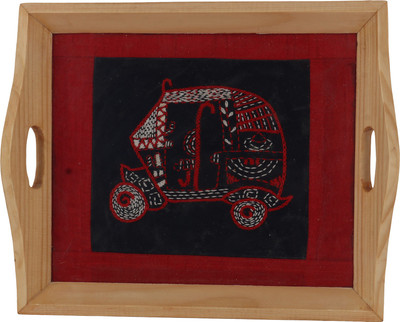 Indha Craft Multicolour Hand Embroidered Wooden Serving Tray/Glass Tray for Dining Table Tray