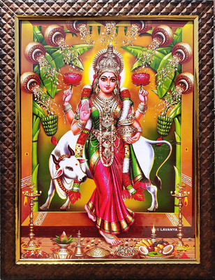 Bhawana Creation LAXMI MATA ON COW Digital Reprint 12 inch x 8 inch Painting(With Frame)