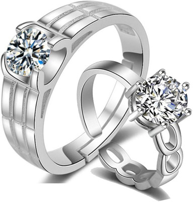 MYKI Made In Love Exclusive Silver Plated Adjustable Couple Solitaire Rings Stainless Steel Cubic Zirconia Silver Plated Ring Set