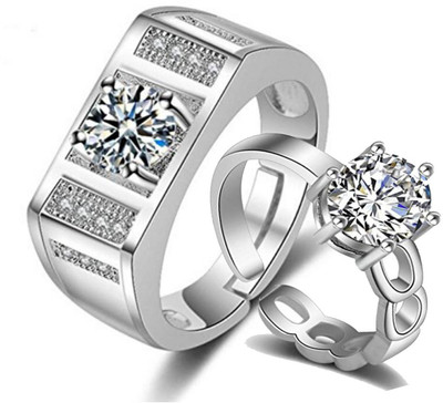 MYKI Classy Rings For Couples Stainless Steel Cubic Zirconia Silver Plated Ring Set