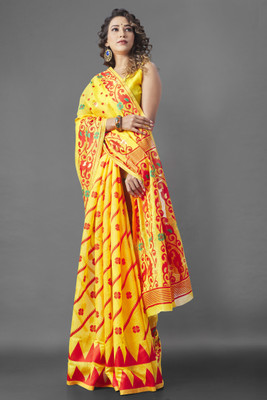 BESUCHER Floral Print Bollywood Pure Cotton Saree(Yellow)