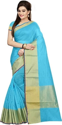 MINE CHOICE Self Design, Woven, Solid/Plain Paithani Cotton Blend Saree(Light Blue)