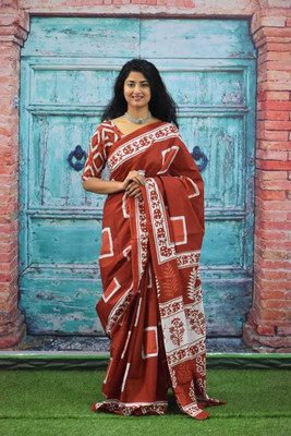Craftmusium Printed, Color Block, Blocked Printed, Floral Print, Dyed Daily Wear Pure Cotton Saree(Red)