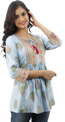 DMP FASHION Party 3/4 Sleeve Printed Women Light Blue Top