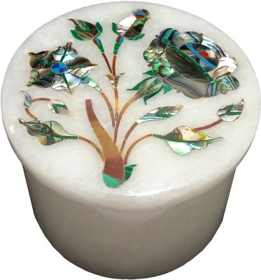 Qadri Handicrafts Handcrafted Marble Box with Inlay Work Perfect for Ring / Earring and Gifts. ( Size - 2 x 2 inch Round ) Jewellery Box Vanity Box(White)