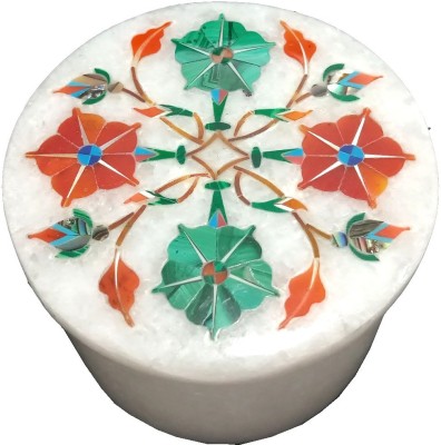 Qadri Handicrafts Handcrafted Marble Box with Inlay Work Perfect for Ring / Earring and Gifts. Size - 2 x 2 inch Round Jewellery Box Vanity Box(White)