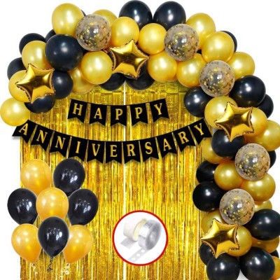 Magic Balloons Solid Happy Anniversary Decoration with Bunting, Metallic Balloons, Foil Curtain 54pc for 1st, 5Th,25th Party Room Decoration Couple Wedding, Marriage Celebration Balloon Bouquet(Gold, Black, Pack of 54)