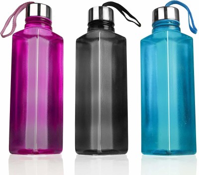 pexton Plastic Fridge Water Bottle Set (3 pieces, Multicolour, Geometric Pattern) 1000 ml Bottle(Pack of 3, Black, Blue, Pink, Plastic)