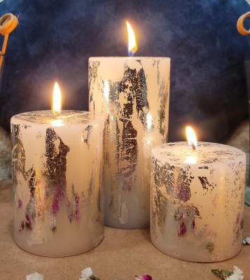 Floryn decor Silver Dust Pillar Candle Pack of 3 | Dripless Candles | Silver Pillar Candles Set Of 3 (Size- 3by6 ,3by4, 3,3 inches) (Burning Time- 30 to 90 hours) Candle(Silver, Pack of 3)