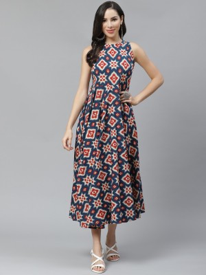 Yuris Women Fit and Flare Dark Blue, Red Dress