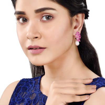 SARAF RS JEWELLERY Rose Gold Plated Luxurious Pink AD studded Pearl Drop Earring Cubic Zirconia Brass Stud Earring