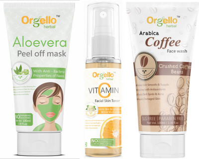 orgello Aloe Vera Peel Off Mask 1 x 100g + Vitamin C Toner 1 x 100ml + Coffee Face Wash 1 x 100 ml | Pack of 3(3 Items in the set) orgello Aloe Vera Peel Off Mask 1 x 100g + Vitamin C Toner 1 x 100ml + Coffee Face Wash 1 x 100 ml | Pack of 3(3 Items in the set)