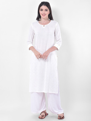Span Women Self Design, Solid Straight Kurta(White)