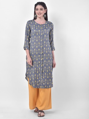 Span Women Printed Straight Kurta(Grey)