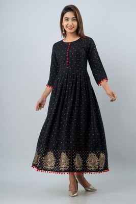 JFT Jaipur Fabtex Women Printed Flared Kurta(Black)