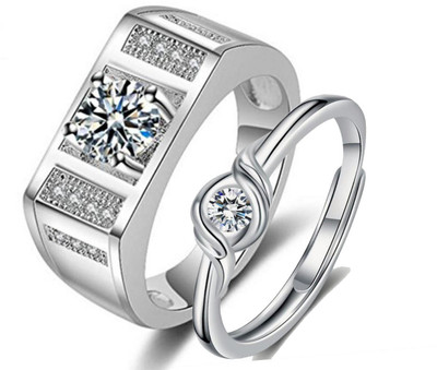 MYKI Stylish Couple Love Adjustable Rings For Women & Mens.. Stainless Steel Cubic Zirconia Silver Plated Ring Set