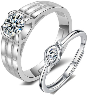 MYKI Stylish Couple Love Adjustable Rings For Women & Mens.. Stainless Steel Cubic Zirconia Silver Plated Ring Set
