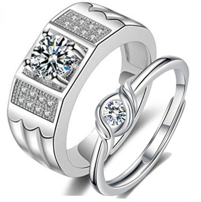 MYKI Stylish Couple Love Adjustable Rings Stainless Steel Cubic Zirconia Silver Plated Ring Set