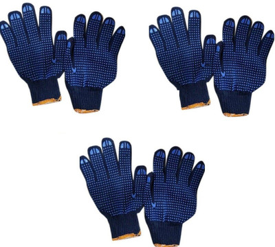 Pacificdeals Cotton Washable Reusable Knitted Easy to Wash PVC Rubber Dotted Hand Gloves for Men and Women For Industrial Work , Home , Office Usages Men Unisex Adult (Pack Of 3) Blue Dotted Polyester  Safety Gloves(Pack of 3)
