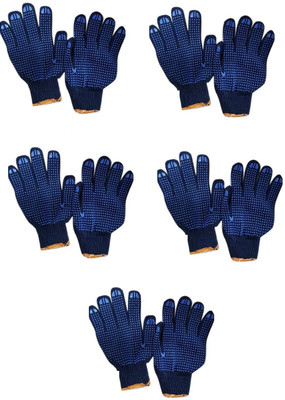 Pacificdeals Cotton Washable Reusable Blue Dotted Hand Gloves PVC Dots Shell Safety Protection Work Gloves for Men and Women For Bike Riding, Industrial and Kitchen Use(Pack of 5) - Blue Dotted Polyester  Safety Gloves(Pack of 5)