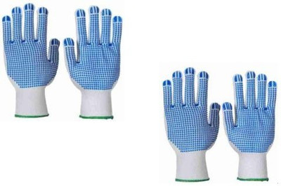 Pacificdeals Reusable Cotton String Knit Washable One Side PVC Rubber Dotted Safety Protection Work Hand Gloves for Men and Women Industrial Work Use, Home Office (Pack of 2) White-Blue Dotted Polyester  Safety Gloves(Pack of 2)