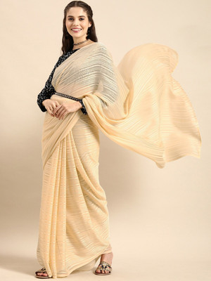 Varni Enterprise Self Design Bollywood Silk Blend Saree(Cream)