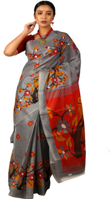 Fashionvibes Printed Bhagalpuri Cotton Silk Saree(Grey)