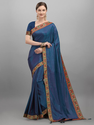 Morpich Fashion Solid/Plain Bollywood Silk Blend Saree(Dark Blue)