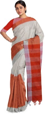 MAA Striped Daily Wear Pure Cotton Saree(Grey)