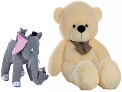 Hello Baby Stuffed Cream Hug-able Teddy Bear With Cute Mother Elephant And Her Baby Elephants  - 90 cm(Cream)