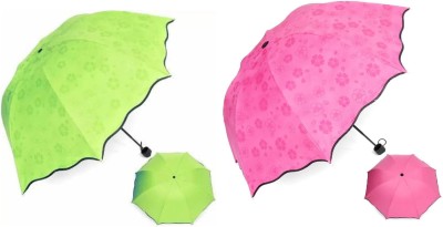 Kuniva riple Folding Mini Blossom Magic Compact Umbrella (PACK OF 2) Umbrella(Green, Pink)